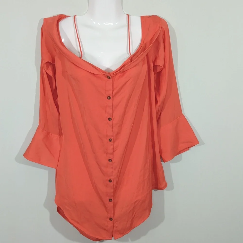 Free People Walk This Way Blouse Coral Off Shoulder Layered  Small‎ Peasant Boho